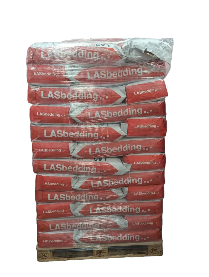 IPS Bedding pallet, red and white bags.